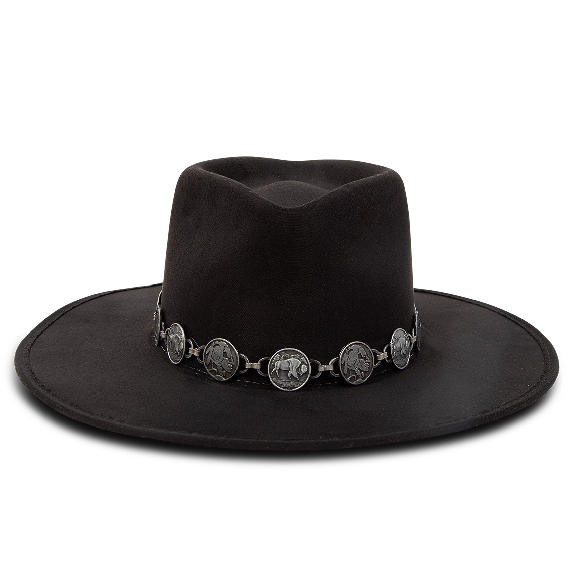 FREEBIRD Gemini black wide flat-brim hat featuring diamond-shaped crown and metal coin band 