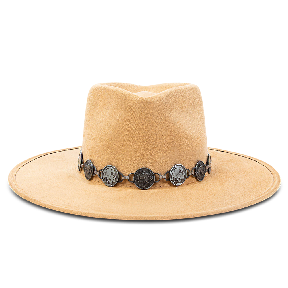FREEBIRD Gemini camel wide flat-brim hat featuring diamond-shaped crown and metal coin band 