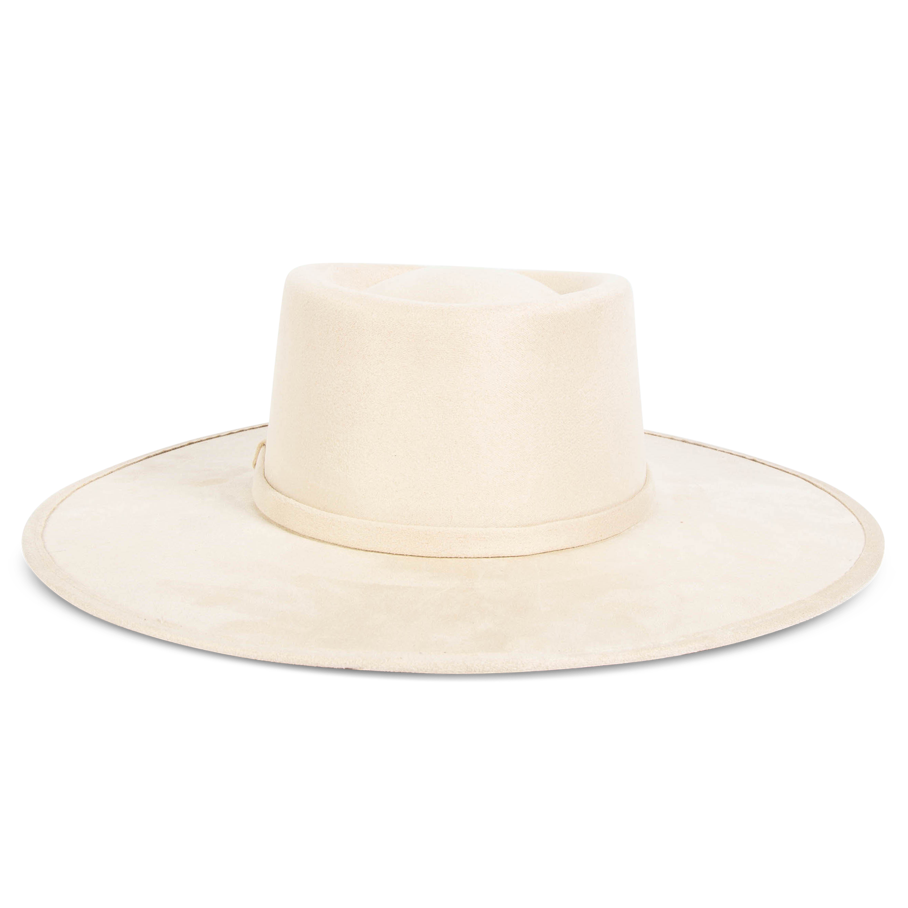 Georgia beige back view showing tonal ribbon band on FREEBIRD flat wide brim hat featuring a telescope-shaped crown