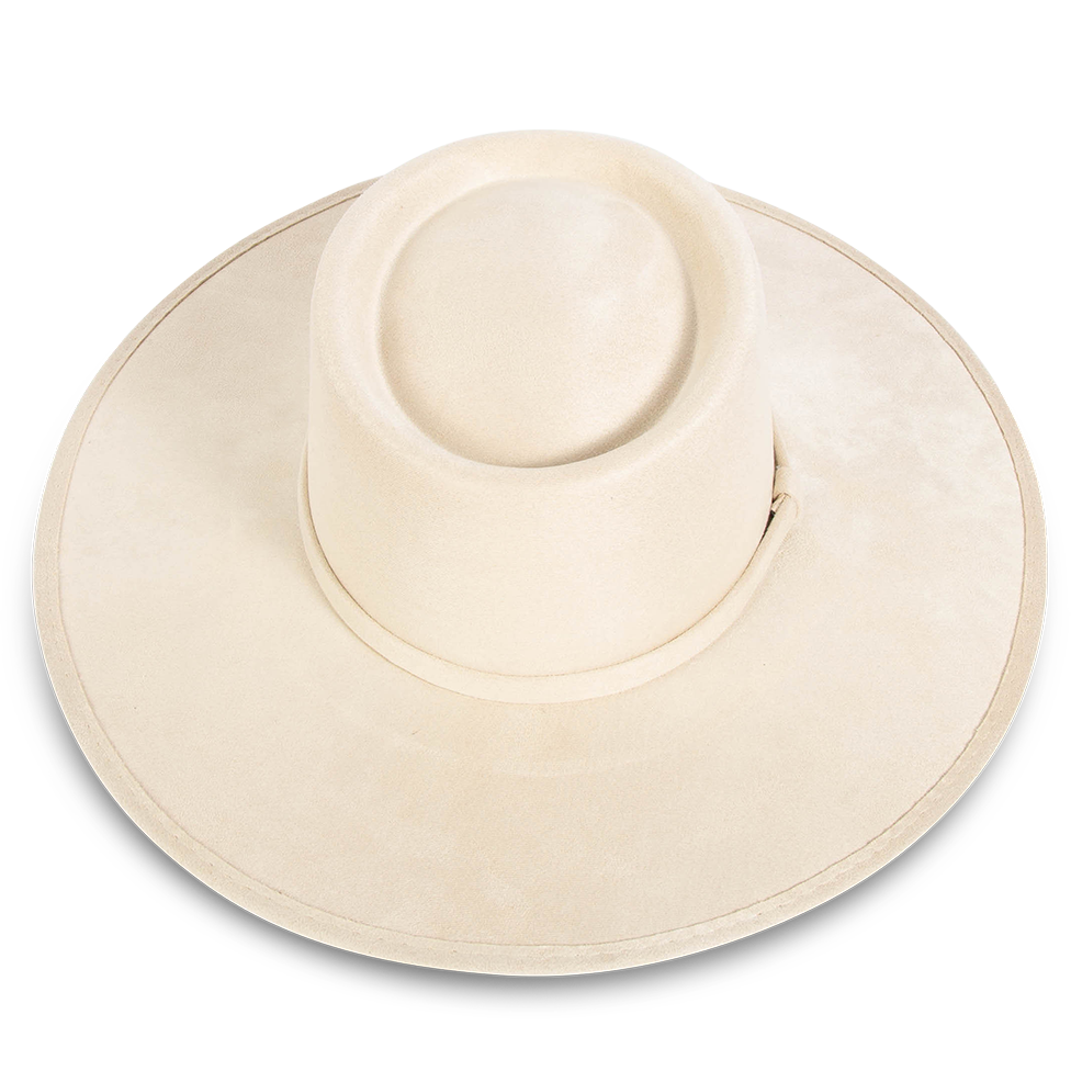 Georgia beige top view showing telescope-shaped crown on FREEBIRD flat wide brim hat featuring tonal ribbon