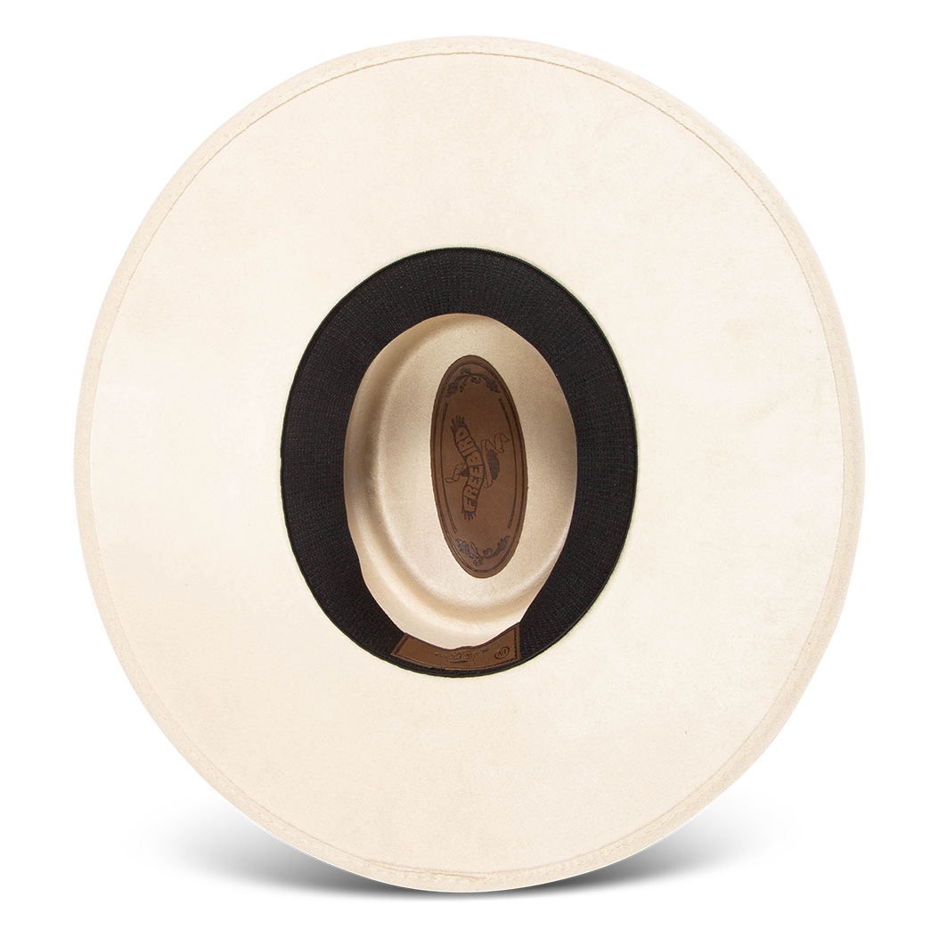 Georgia beige inside view showing sweatband on FREEBIRD flat wide brim hat featuring a telescope-shaped crown