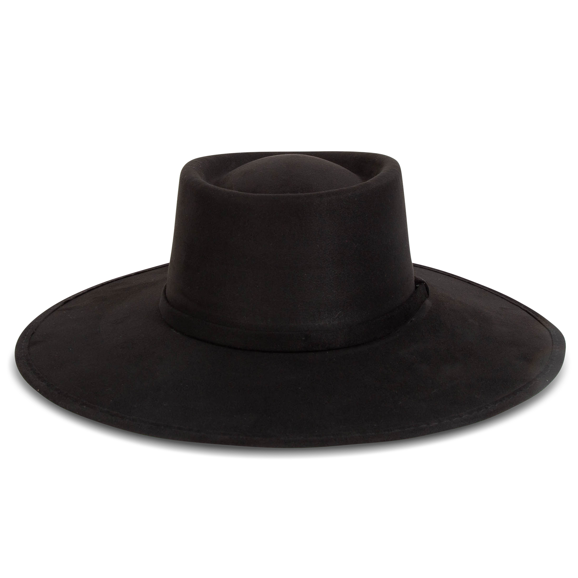FREEBIRD Georgia black flat wide-brim hat featuring telescope-shaped crown and tonal ribbon band