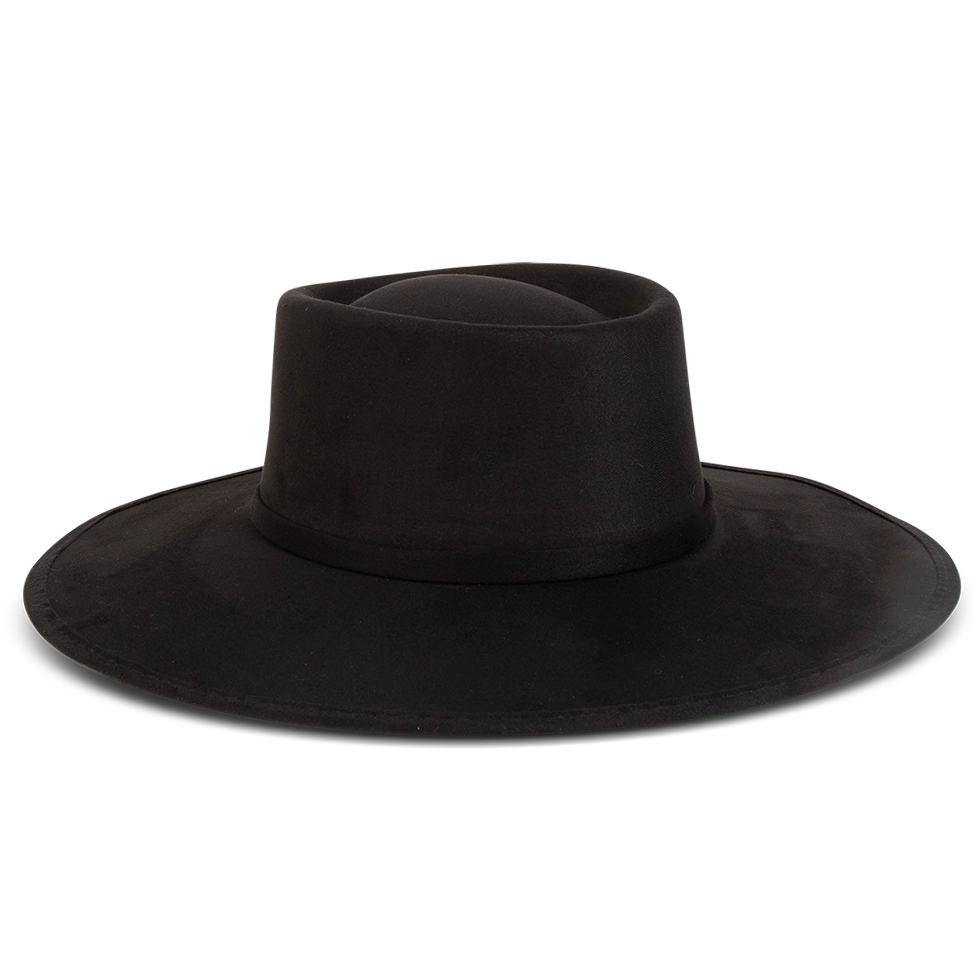 Georgia black side view showing tonal ribbon band on FREEBIRD flat wide brim hat featuring a telescope-shaped crown