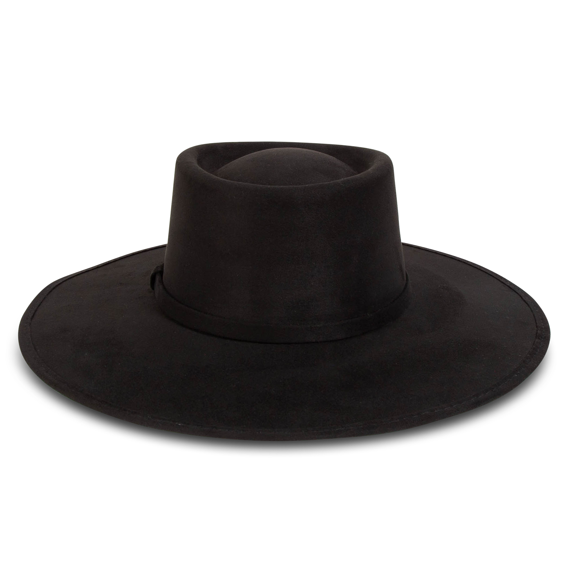 Georgia black back view showing tonal ribbon band on FREEBIRD flat wide brim hat featuring a telescope-shaped crown