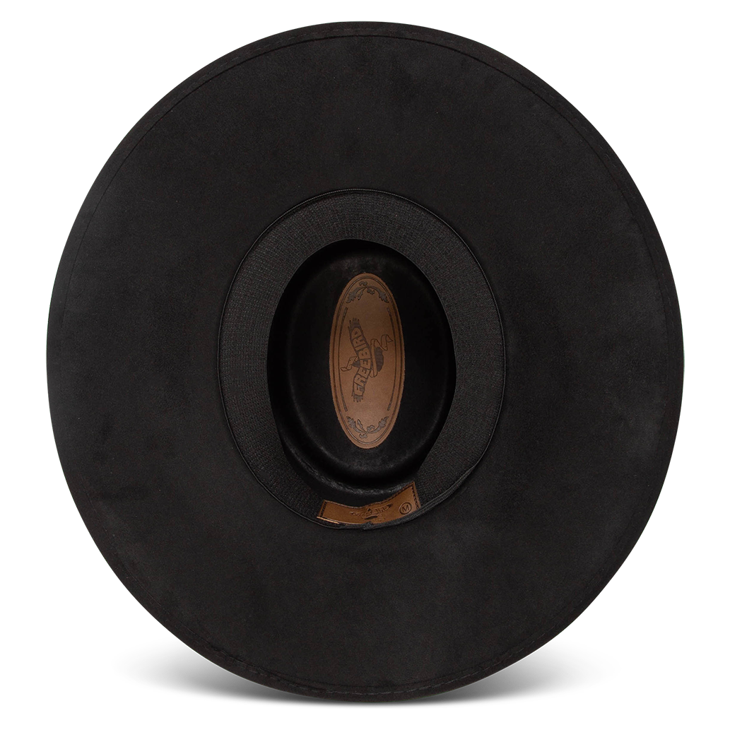 Georgia black inside view showing sweatband on FREEBIRD flat wide brim hat featuring a telescope-shaped crown