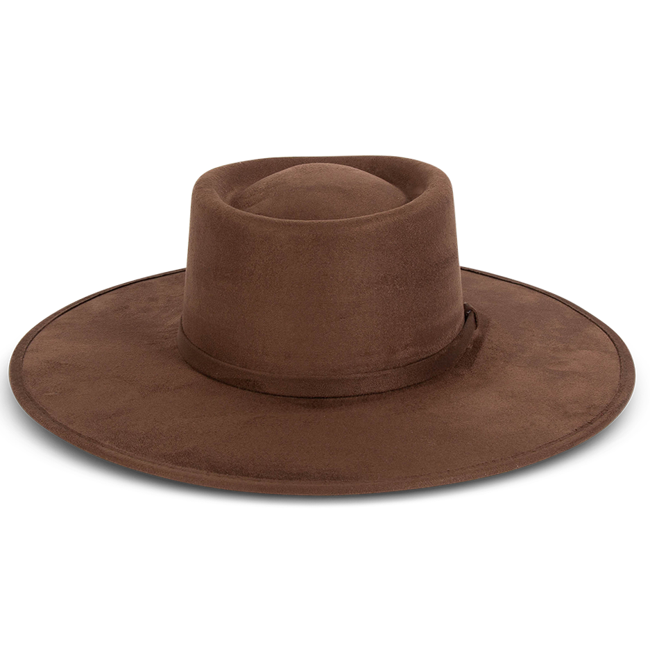 FREEBIRD Georgia brown flat wide-brim hat featuring telescope-shaped crown and tonal ribbon band