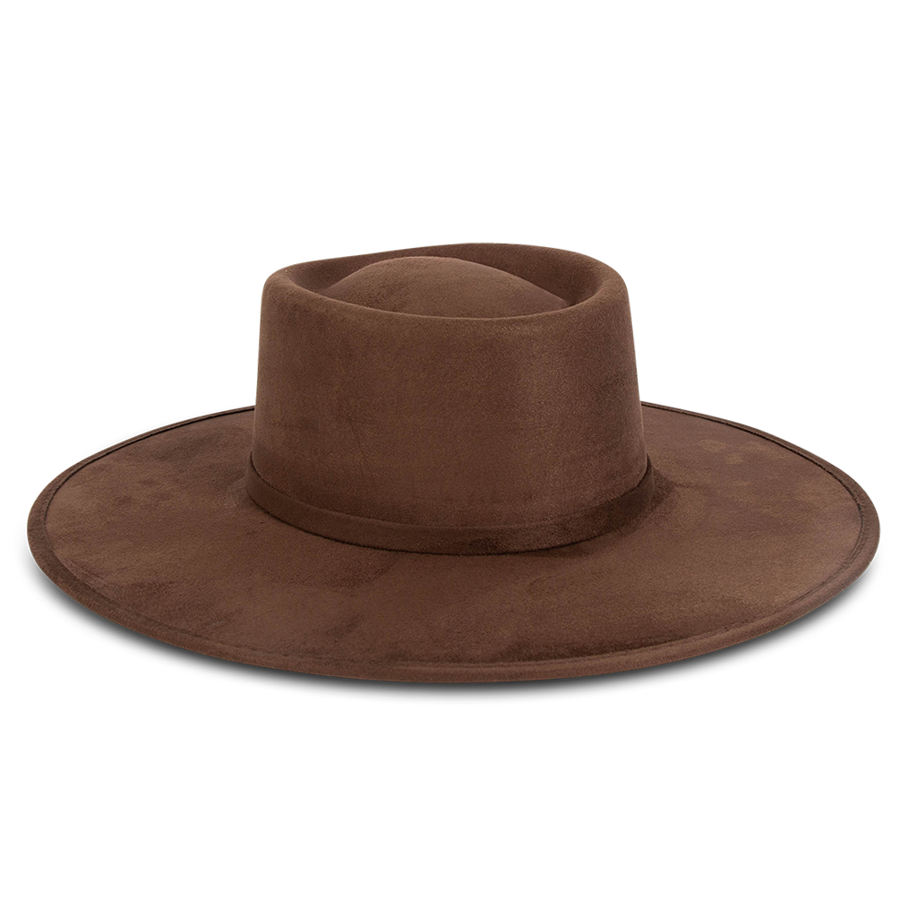 Georgia brown side view showing tonal ribbon band on FREEBIRD flat wide brim hat featuring a telescope-shaped crown