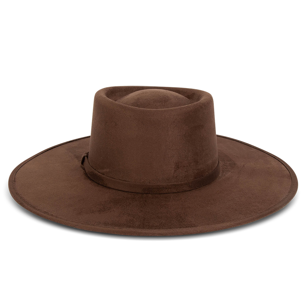 Georgia brown back view showing tonal ribbon band on FREEBIRD flat wide brim hat featuring a telescope-shaped crown
