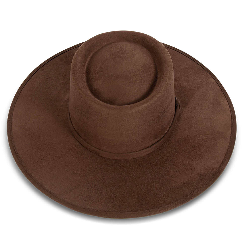 Georgia brown top view showing telescope-shaped crown on FREEBIRD flat wide brim hat featuring tonal ribbon