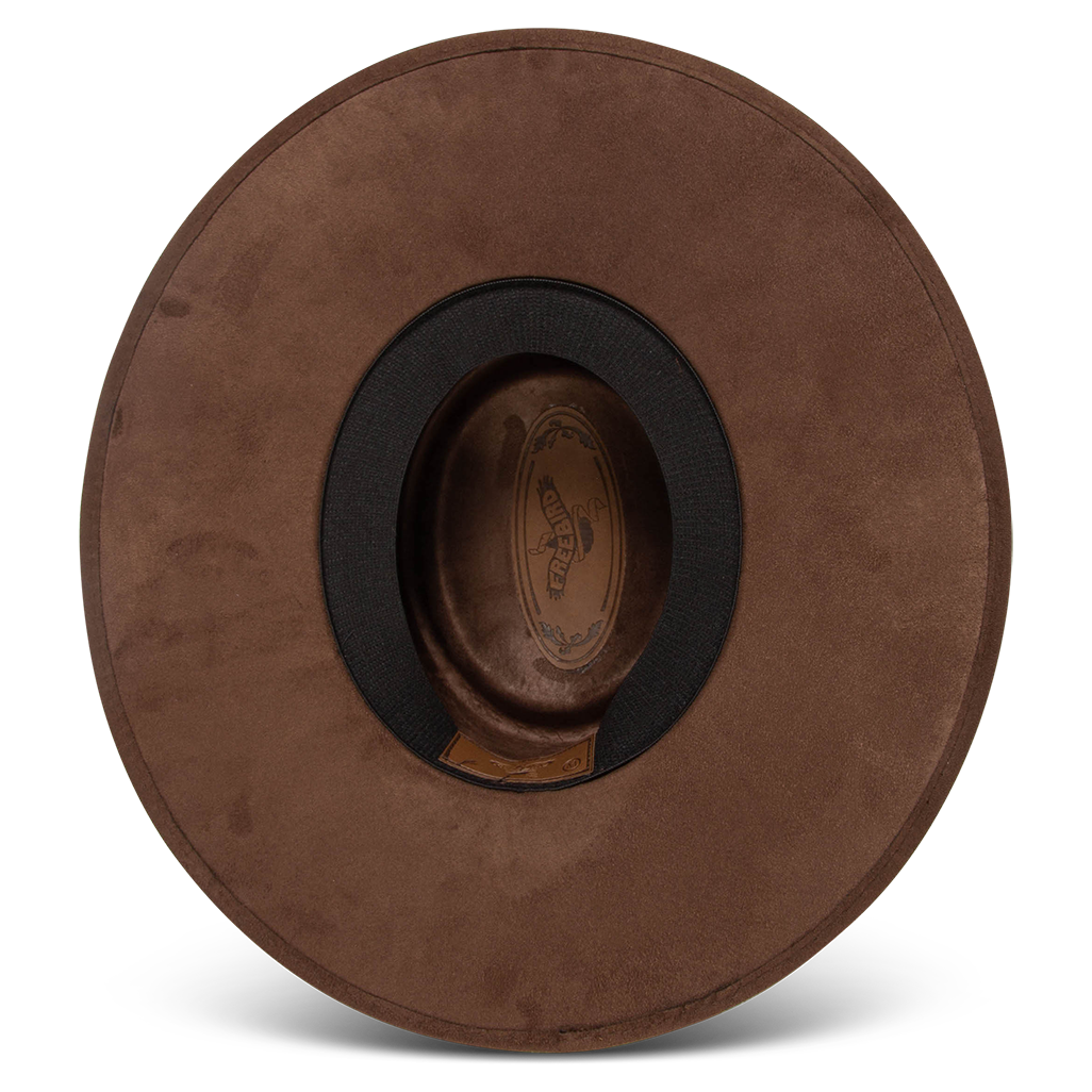 Georgia brown inside view showing sweatband on FREEBIRD flat wide brim hat featuring a telescope-shaped crown