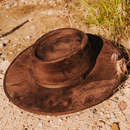 FREEBIRD Georgia brown flat wide-brim hat featuring telescope-shaped crown and tonal ribbon band