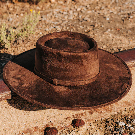 FREEBIRD Georgia brown flat wide-brim hat featuring telescope-shaped crown and tonal ribbon band