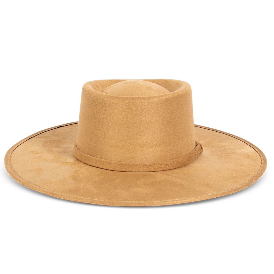 FREEBIRD Georgia camel flat wide-brim hat featuring telescope-shaped crown and tonal ribbon band
