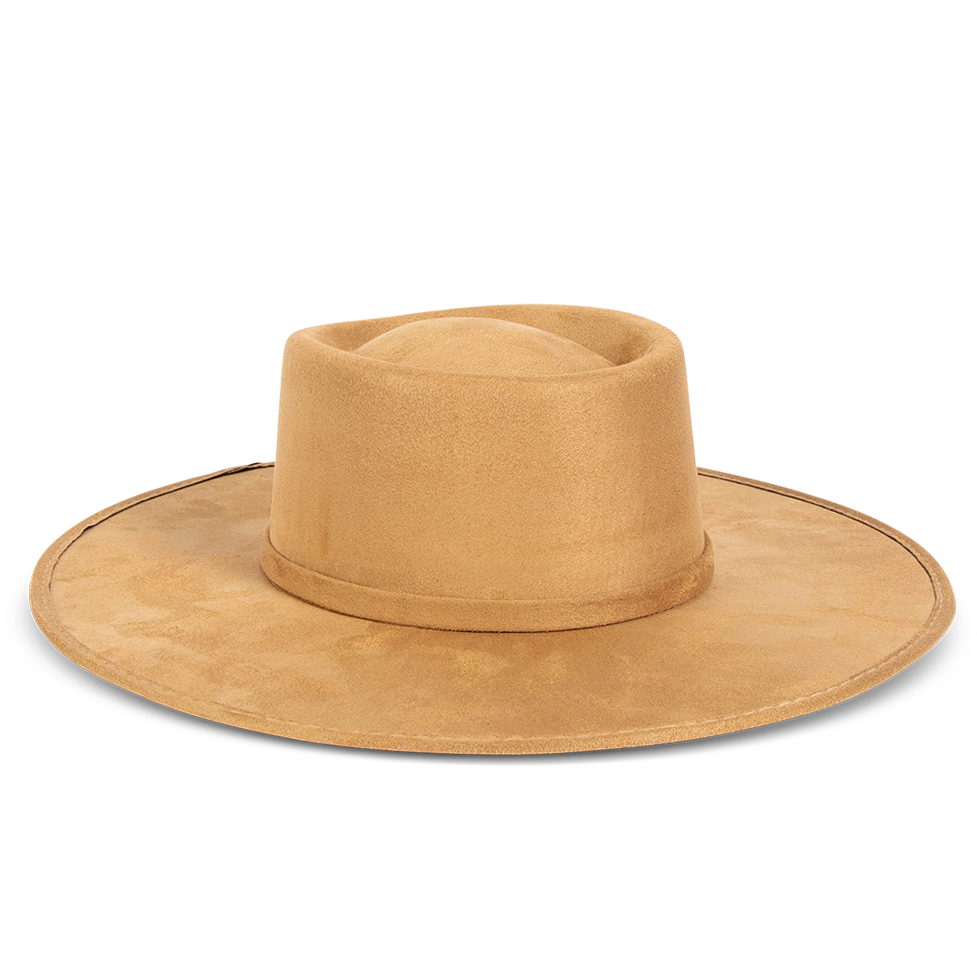 Georgia camel side view showing tonal ribbon band on FREEBIRD flat wide brim hat featuring a telescope-shaped crown