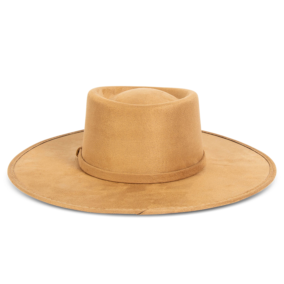 Georgia camel back view showing tonal ribbon band on FREEBIRD flat wide brim hat featuring a telescope-shaped crown