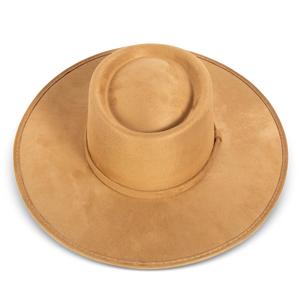 Georgia camel top view showing telescope-shaped crown on FREEBIRD flat wide brim hat featuring tonal ribbon