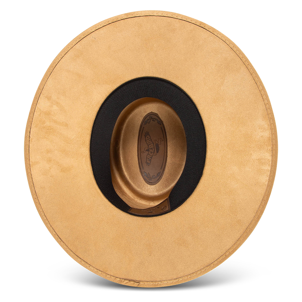 Georgia camel inside view showing sweatband on FREEBIRD flat wide brim hat featuring a telescope-shaped crown