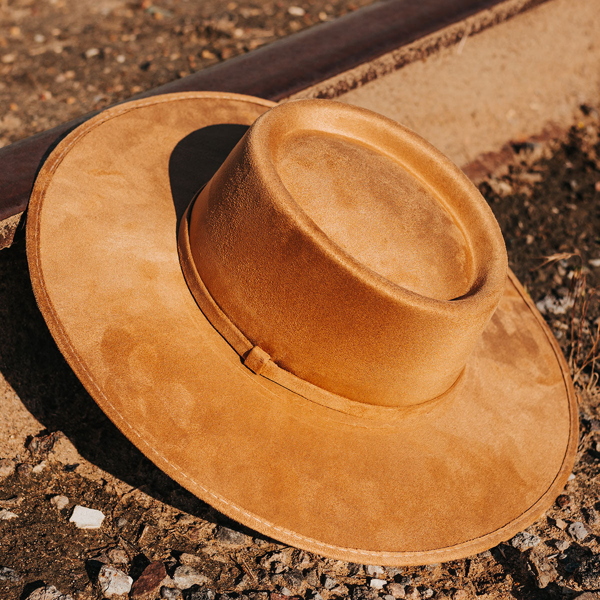 FREEBIRD Georgia camel flat wide-brim hat featuring telescope-shaped crown and tonal ribbon band