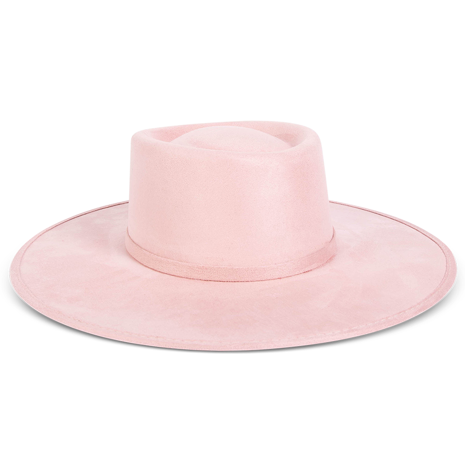 Georgia pink side view showing tonal ribbon band on FREEBIRD flat wide brim hat featuring a telescope-shaped crown