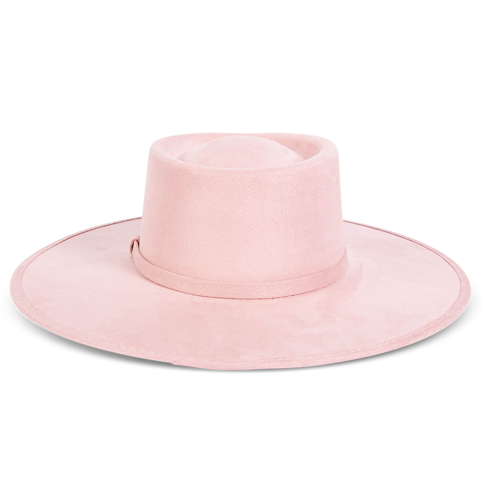 Georgia pink back view showing tonal ribbon band on FREEBIRD flat wide brim hat featuring a telescope-shaped crown
