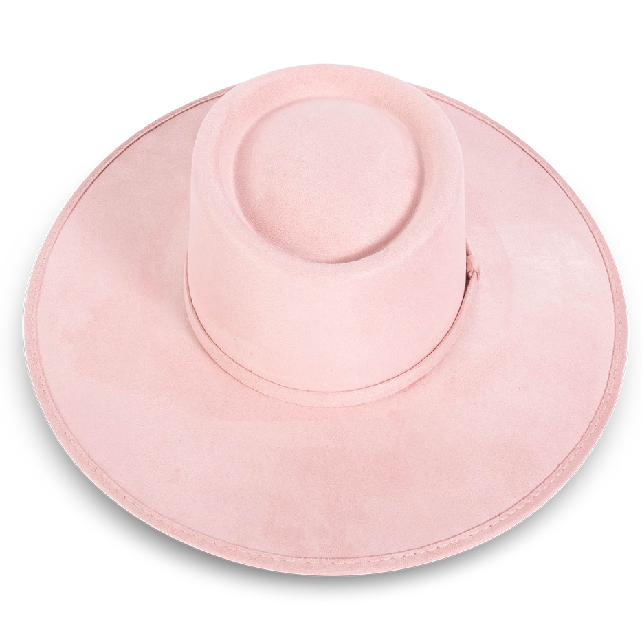 Georgia pink top view showing telescope-shaped crown on FREEBIRD flat wide brim hat featuring tonal ribbon