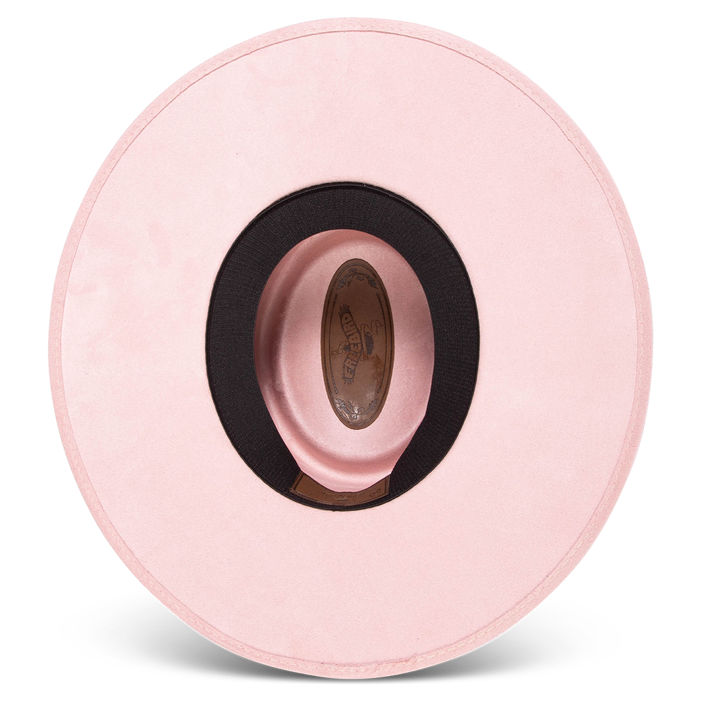 Georgia pink inside view showing sweatband on FREEBIRD flat wide brim hat featuring a telescope-shaped crown