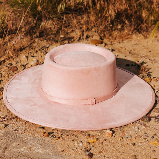 FREEBIRD Georgia pink flat wide-brim hat featuring telescope-shaped crown and tonal ribbon band