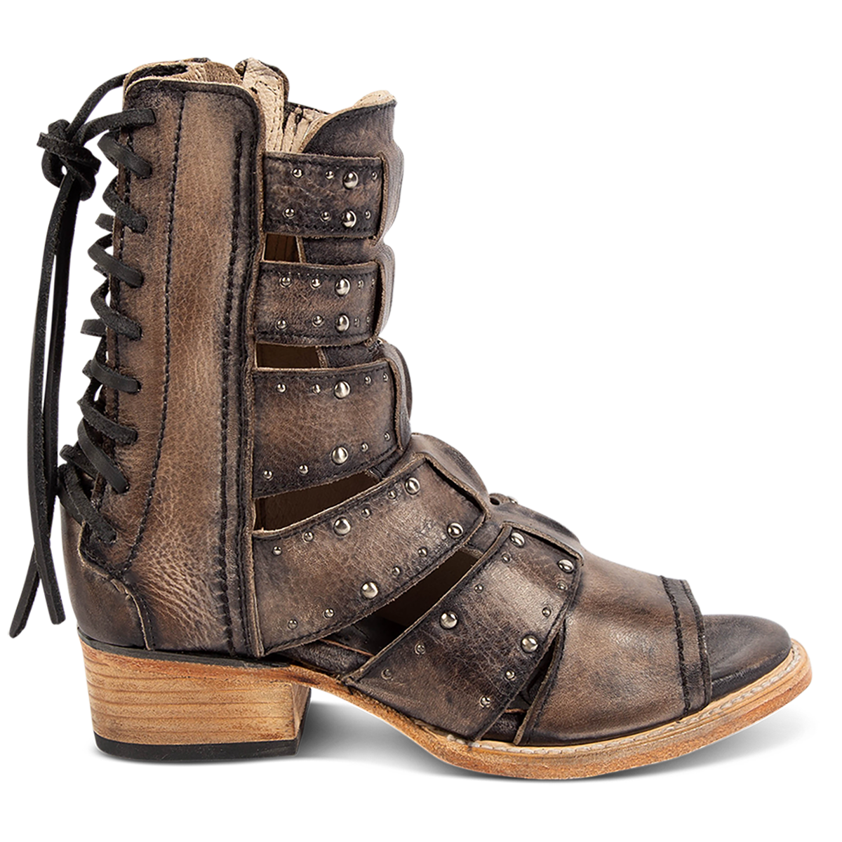 FREEBIRD women's Ghost black distressed leather sandal with an inside working brass zipper, back panel lacing and an exposed exterior