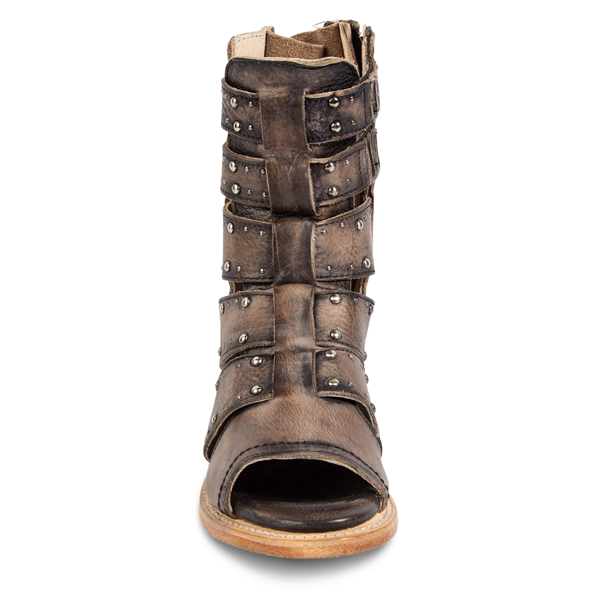 Front view showing FREEBIRD women's Ghost black distressed leather sandal with an inside working brass zipper, open toe construction and an exposed exterior