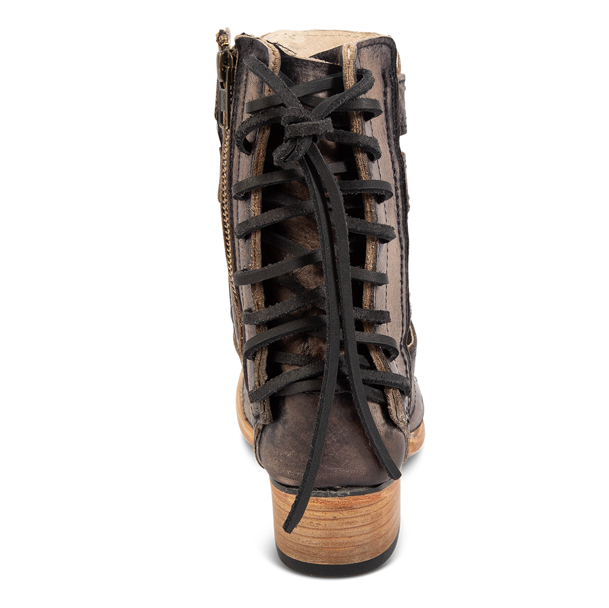 Back view showing back panel lacing and a low block heel on FREEBIRD women's ghost black distressed leather sandal 