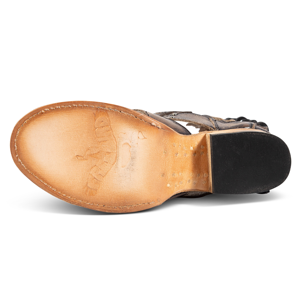 Leather sole imprinted with FREEBIRD on women's Ghost black distressed leather sandal 