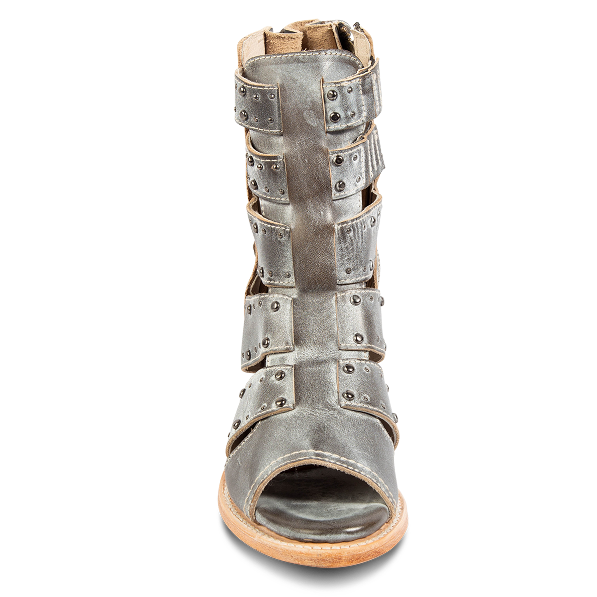 Front view showing FREEBIRD women's Ghost ice leather sandal with an inside working brass zipper, open toe construction and an exposed exterior