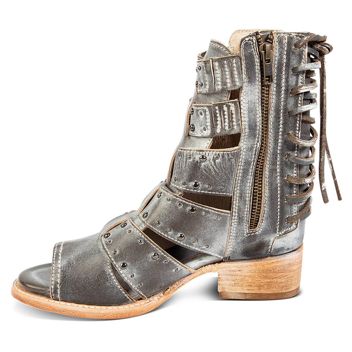 Inside view showing FREEBIRD women's Ghost ice leather sandal with an inside working brass zipper, back panel lacing and an exposed exterior