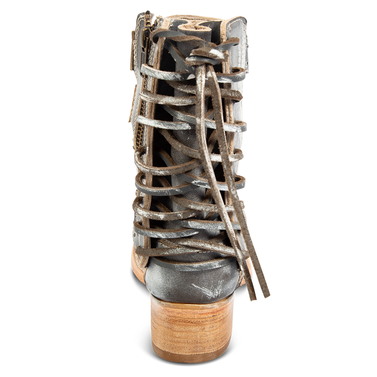 Back view showing back panel lacing and a low block heel on FREEBIRD women's ghost ice leather sandal