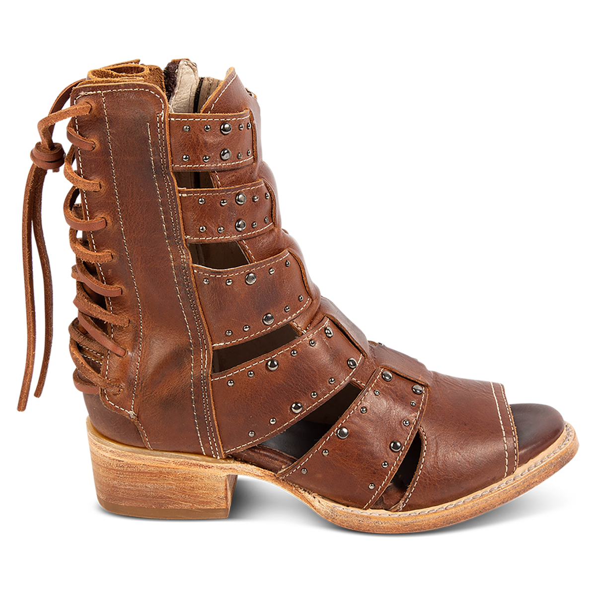 FREEBIRD women's Ghost tan leather sandal with an inside working brass zipper, back panel lacing and an exposed exterior
