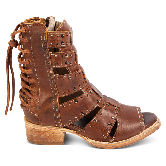 FREEBIRD women's Ghost tan leather sandal with an inside working brass zipper, back panel lacing and an exposed exterior