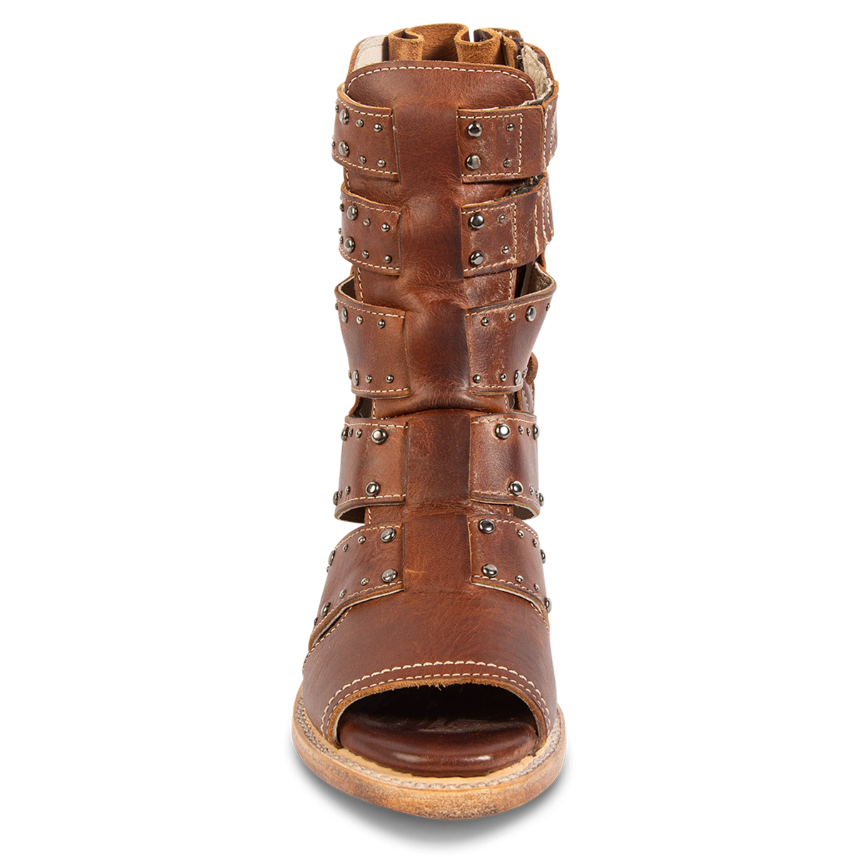 Front view showing FREEBIRD women's Ghost tan leather sandal with an inside working brass zipper, open toe construction and an exposed exterior