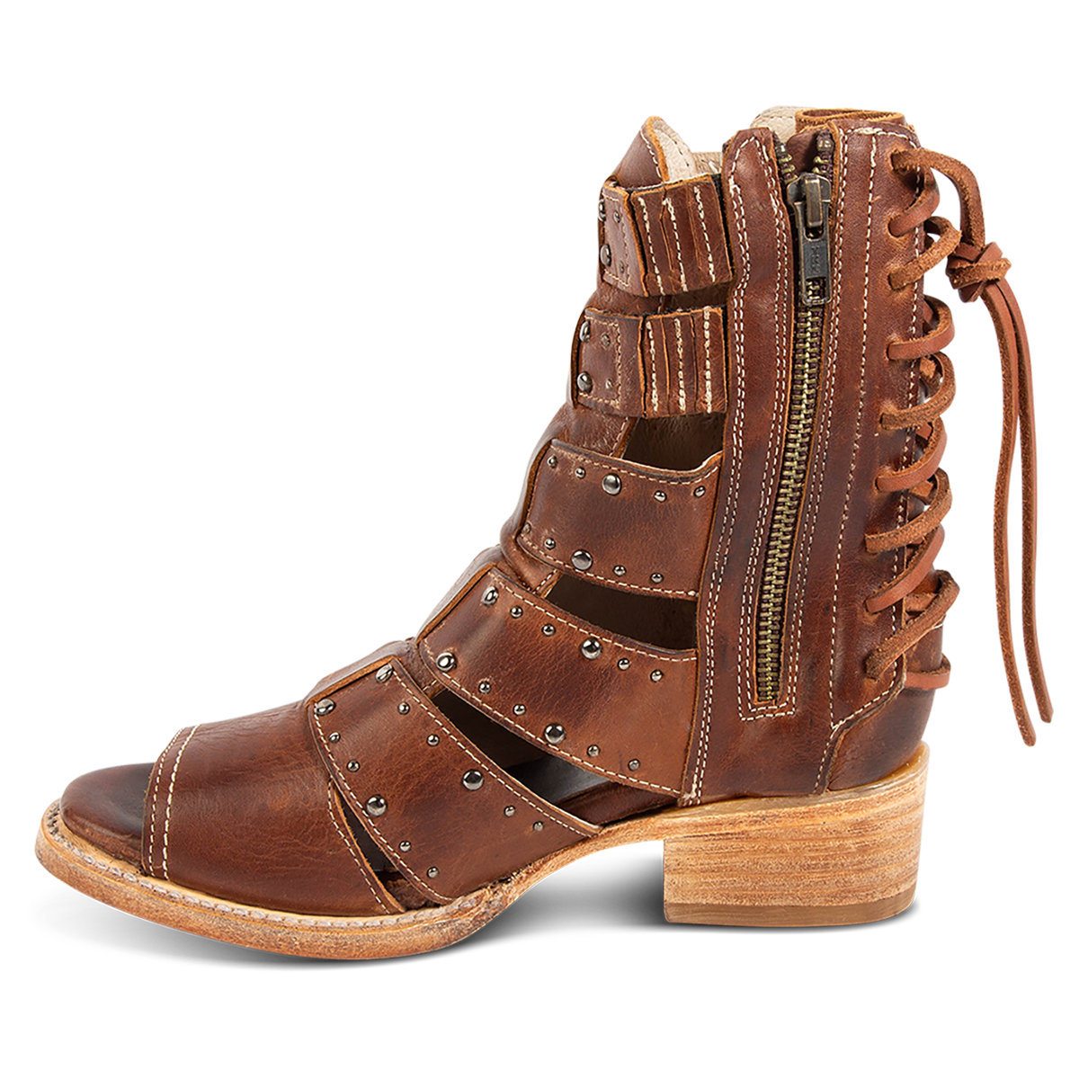Inside view showing FREEBIRD women's Ghost tan leather sandal with an inside working brass zipper, back panel lacing and an exposed exterior