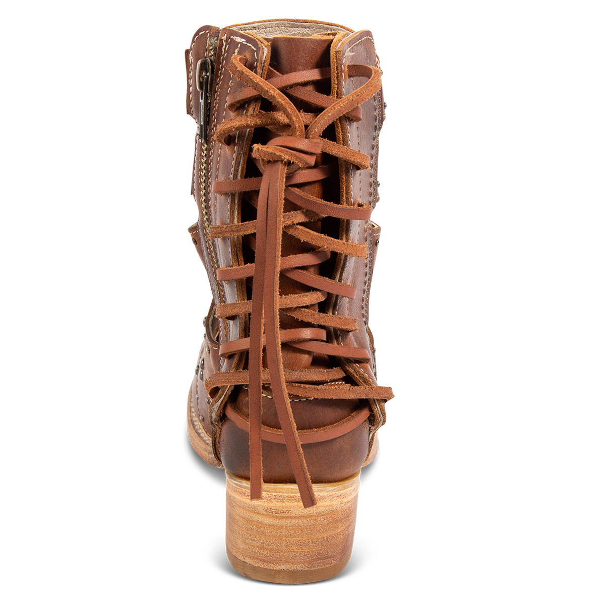 Back view showing back panel lacing and a low block heel on FREEBIRD women's ghost tan leather sandal