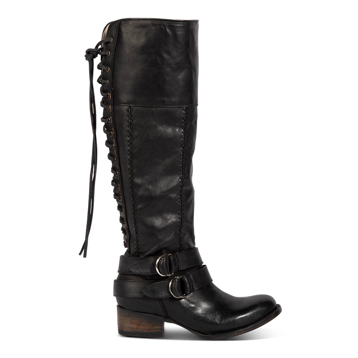 Freebird women's GIGI black knee high leather boot with adjustable back tie lacing, adjustable in-step belts and mid sized heel