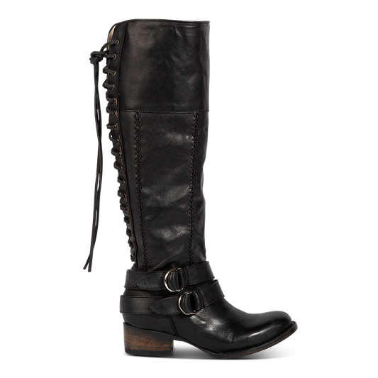 Freebird women's GIGI black knee high leather boot with adjustable back tie lacing, adjustable in-step belts and mid sized heel