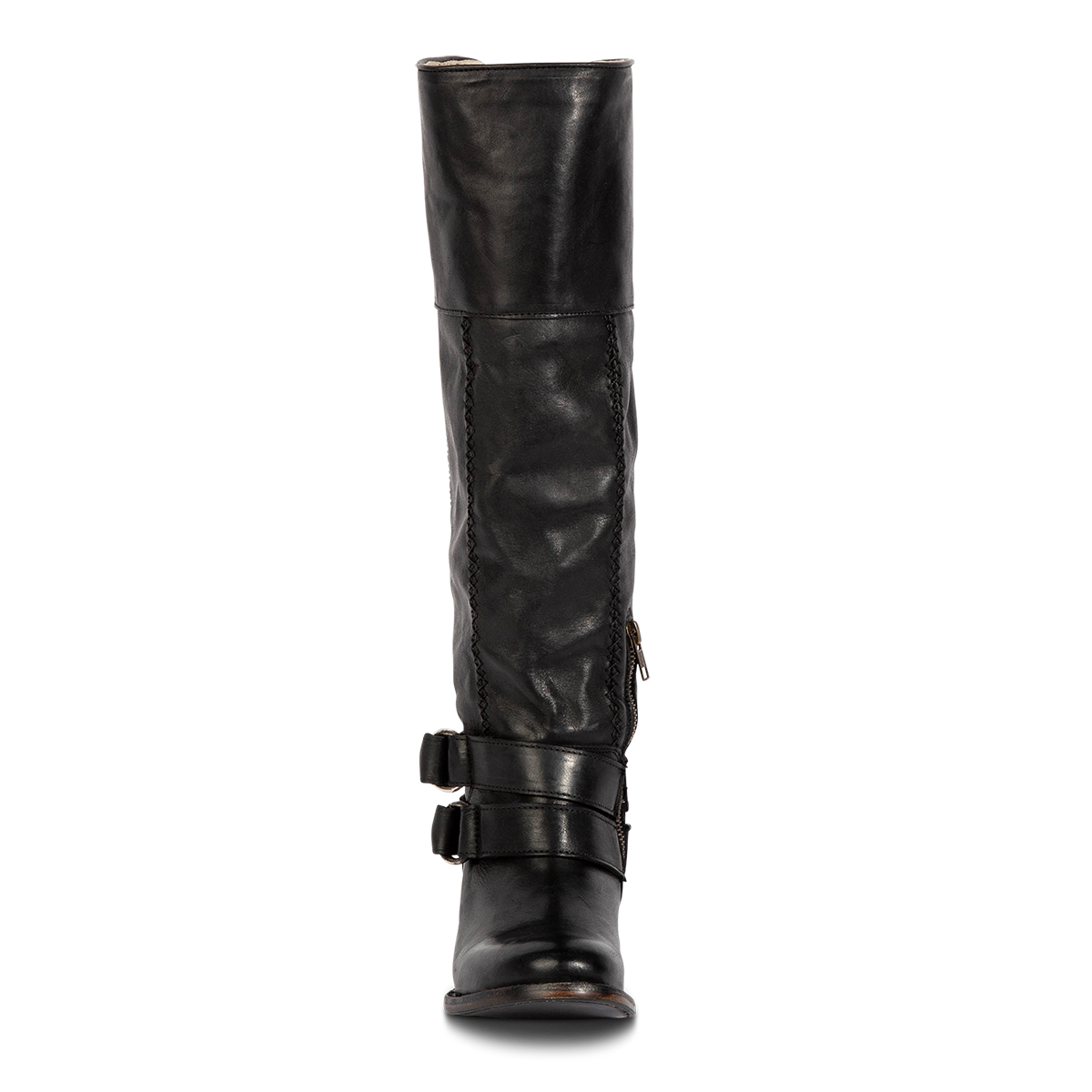 Front view showing Freebird women's GIGI black knee high leather boot with volcano leather detailing and two adjustable in-step belts