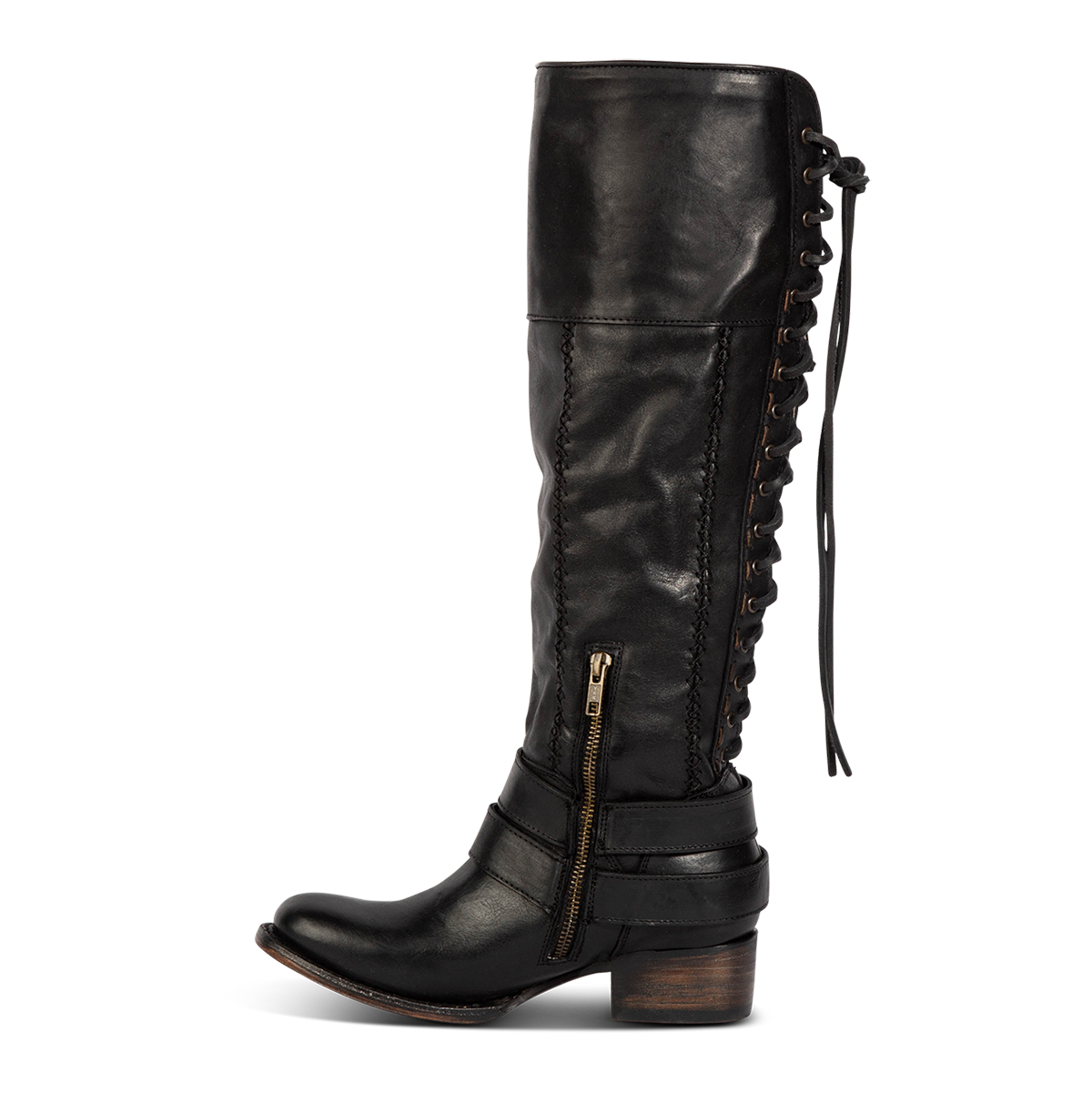 Inside view showing Freebird women's GIGI black knee high leather boot with adjustable back tie lacing, inside brass zipper and mid sized heel 