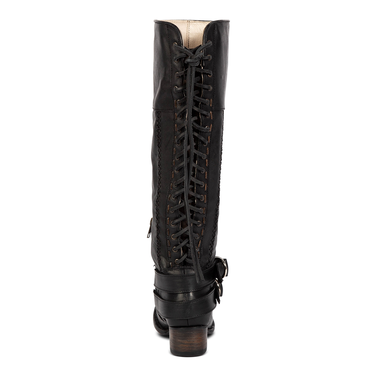 Back view showing Freebird women's GIGI black knee high leather boot with adjustable back tie lacing and mid sized heel 