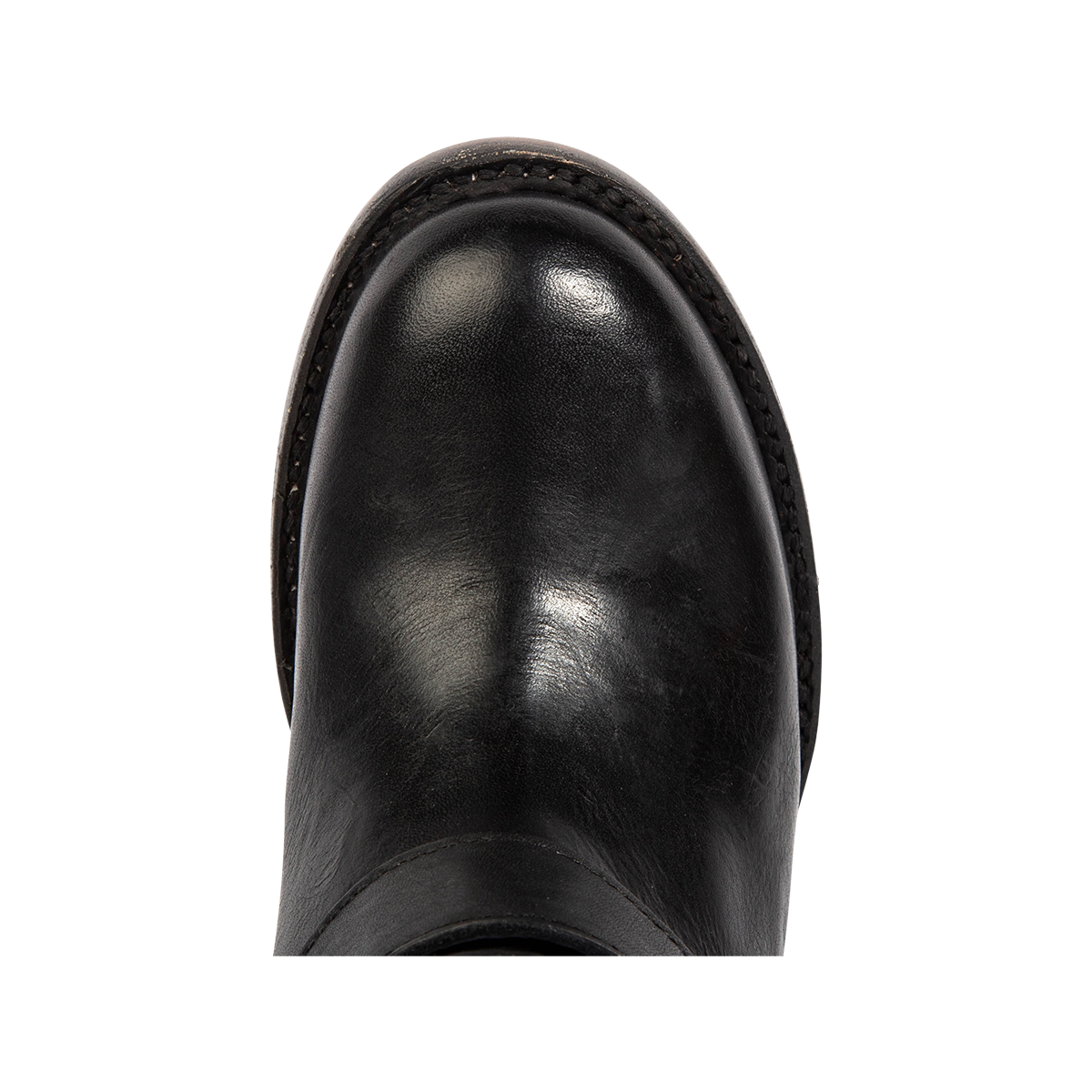 Top view showing round toe construction on Freebird women's GIGI black knee high leather boot 