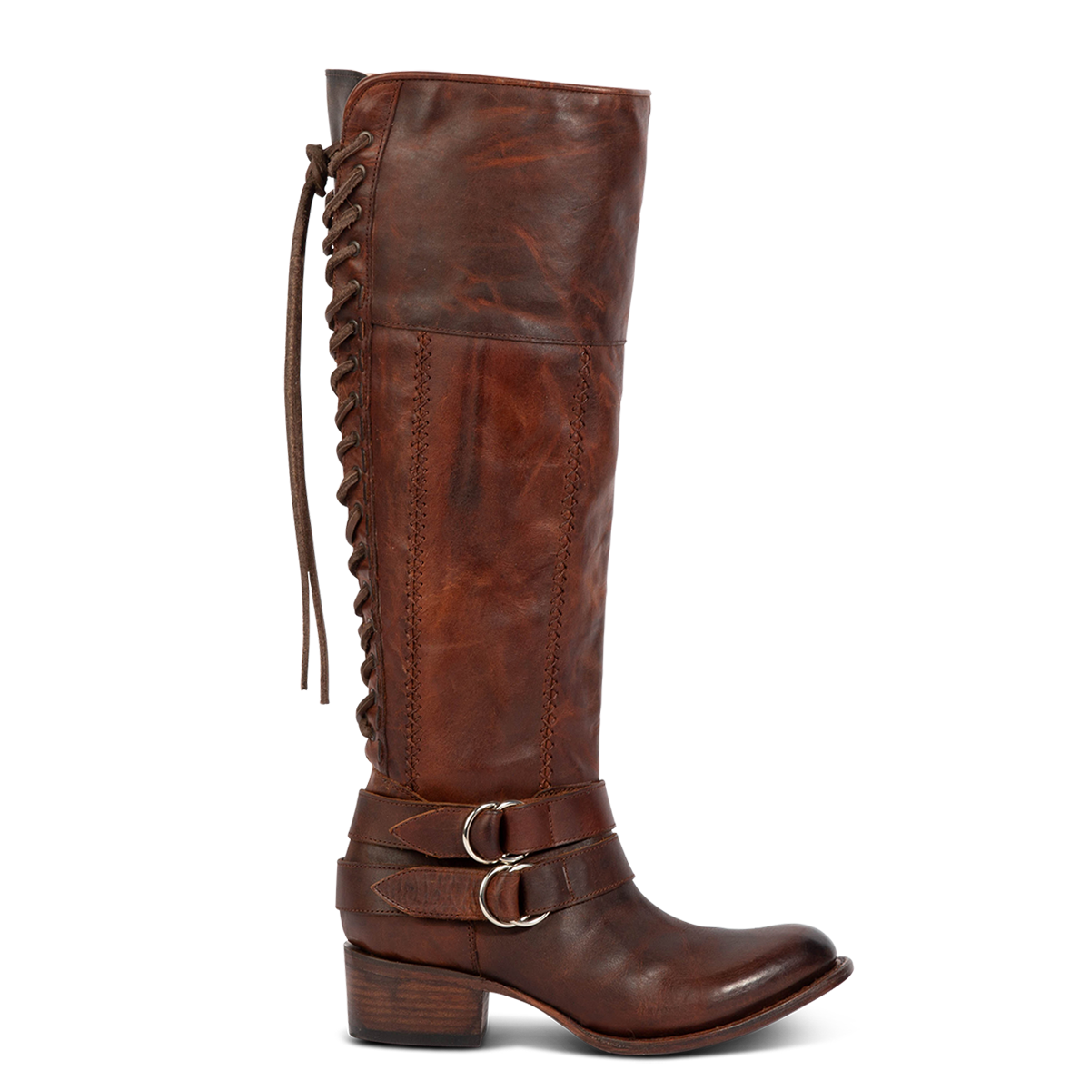 Freebird women's GIGI cognac knee high leather boot with adjustable back tie lacing, adjustable in-step belts and mid sized heel