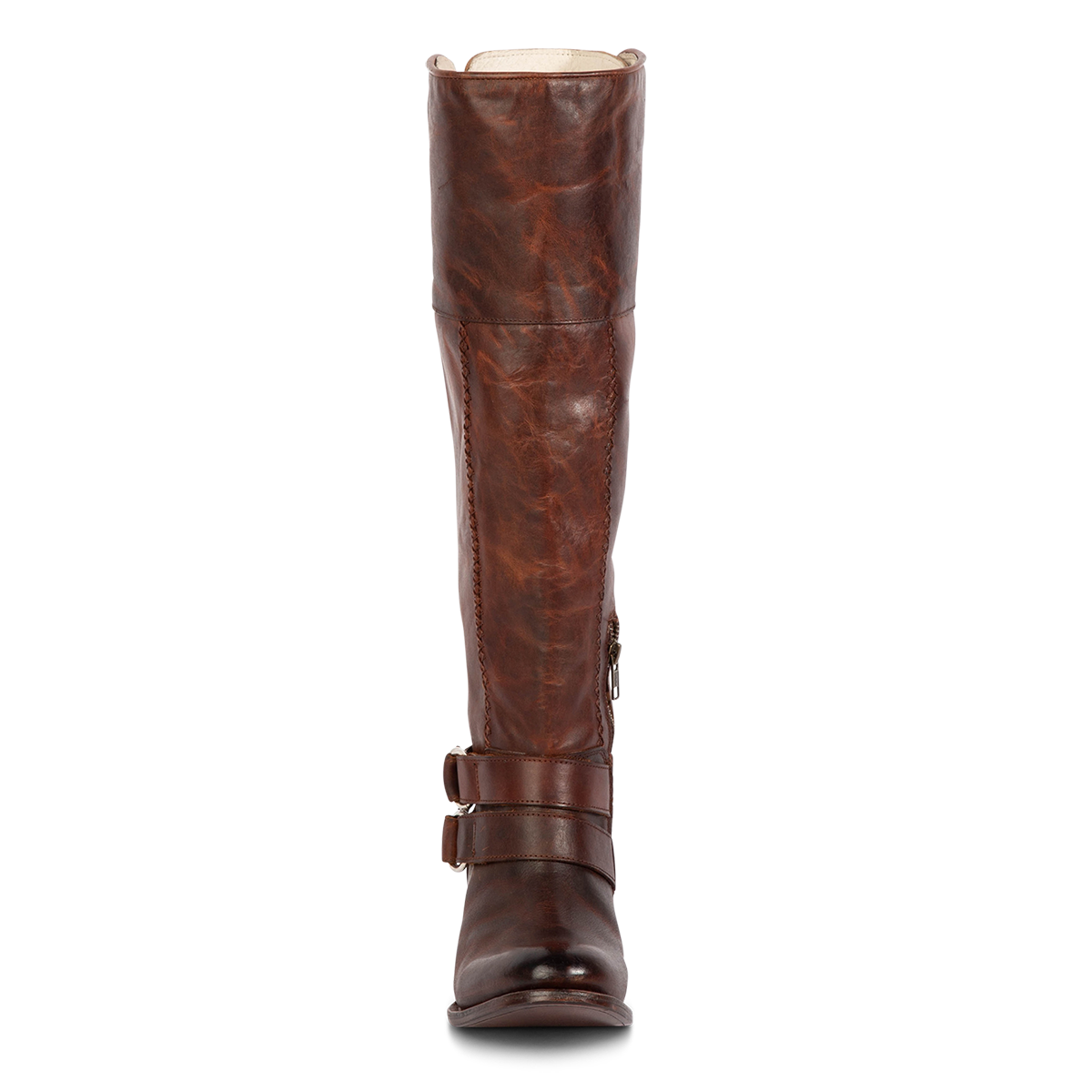 Front view showing Freebird women's GIGI cognac knee high leather boot with volcano leather detailing and two adjustable in-step belts