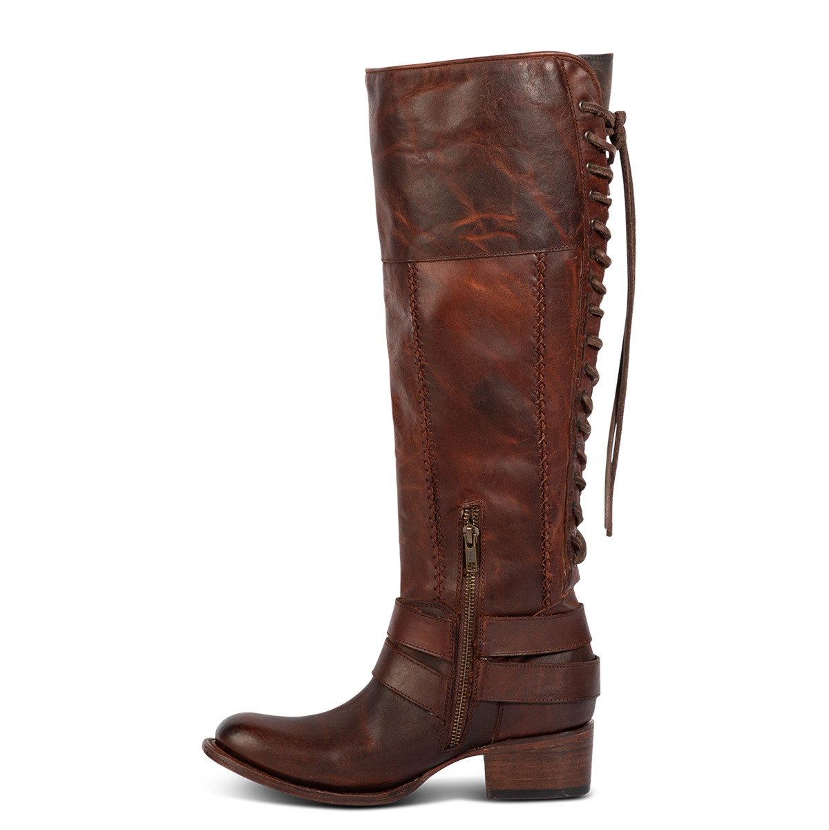 Inside view showing Freebird women's GIGI cognac knee high leather boot with adjustable back tie lacing, inside brass zipper and mid sized heel 