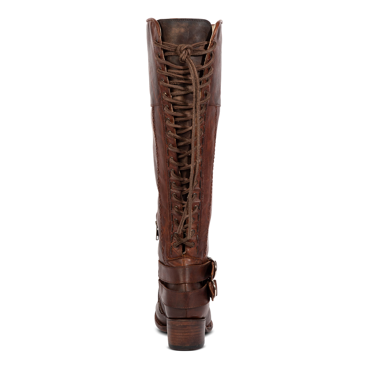 Back view showing Freebird women's GIGI cognac knee high leather boot with adjustable back tie lacing and mid sized heel 