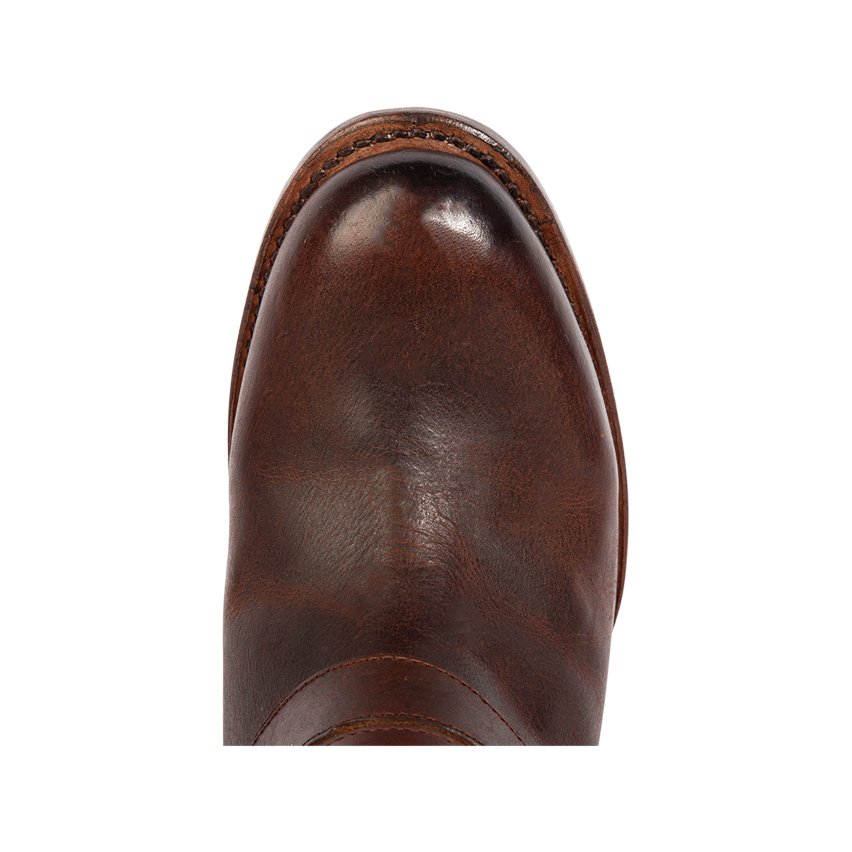 Top view showing round toe construction on Freebird women's GIGI cognac knee high leather boot 